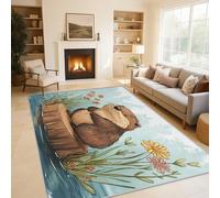 Otter Rugs Living Room Cartoon Animal Flower Area Rugs for Bedroom 120 x 120, Printed Anti Slip Washable Short Pile Carpet for Kitchen Home Decor C-N4