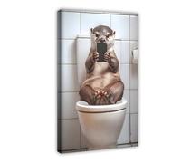 Otter Sitting on The Toilet Watching Phone, Funny Bathroom Wall Art Decor, Vintage Style Animal Photo, Quirky Toilet Humor, Ai Art-1