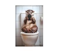 Otter Sitting on The Toilet Watching Phone, Funny Bathroom Wall Art Decor, Vintage Style Animal Photo, Quirky Toilet Humor, Ai Art-1