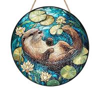 Otter Suncatchers for Windows, Stained Glass Sun Catcher, Acrylic Lotus Flower Suncatcher, Round Hanging Ornament for Window, Garden and Home Decor, Birthday & Housewarming Gift