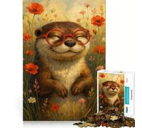 Otter with Glasses in Flower Field 1000 Piece Jigsaw Puzzles for Teenagers Jigsaw Boost Recall Soothing Play Tight Edge Premium Gift (38x26cm)