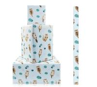 Otter Wrapping Paper Roll, Cute Adorable Otter with Green Leaves & Pink Flowers Light Blue Wrapping Paper -1 Mini Roll 43x300cm Per roll - Animal Gift Wrap for Birthday, Wedding, Holiday