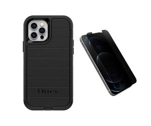OtterBox iPhone 12/12 Pro Defender Series Case & Privacy Glass Screen Protector - Rugged Multi-Layer Protection, Port Covers, with Amplify Glass Privacy Screen Protector, Scratch Resistant, Black