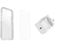OtterBox Symmetry Clear Bundle for iPhone 13, White | Symmetry Clear Series Protective Thin Case, Alpha Glass Screen Protector, UK 20W USB-C Fast Wall Charger
