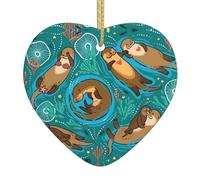 Otters in Love Christmas heart-shaped ceramic pendant with a printed pattern 2.9 inches in diameter