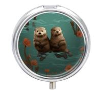 Otters in Love Pill Box Medicine Pill Organizer 3 Compartment Daily Pill Case Small Pill Container Round Pill Holder Travel Pill Box Metal Pill Case for Purse Pocket