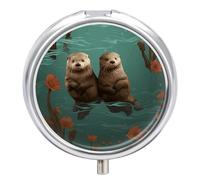 Otters in Love Pill Box Travel Pill Case for Purse Pocket Weekly Medicine Organizer with Mirror 3 Compartment Round Medicine Case Portable PillcaseHolder for Daily