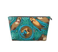 Otters in Love Womens Makeup Bag Leather Travel Toiletry Organizer Wash Bag Cosmetic Pouch with Zipper Girls Handbag Silver