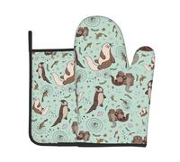 Otters Oven Gloves And Pot Holder 2 Pc Set For Kitchen Cooking,Print Thick Cotton Heat Resistant, Non-Slip