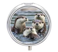 Otters Pill Box Travel Pill Case for Purse Pocket Weekly Medicine Organizer with Mirror 3 Compartment Round Medicine Case Portable PillcaseHolder for Daily
