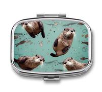 Otters Pill Box with 2 Compartments Portable Metal Medicine Organizer for Pocket Purse and Travel Compact Pill Case and Fish Oil Vitamins Supplements