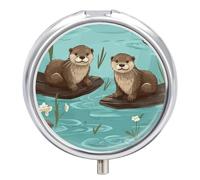 Otters Round Pill Box 3 Compartment Medicine Pill Organizer with Mirror Travel Small Pill Case Cute Vitamin Organizer Portable Daily Pill Container for Pocket Purse