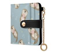 Otters Shells Blue Print Small Women Wallet RFID Blocking Leather Bifold Compact Card Holder with Coin Pocket Zipper Purse for Girls Ladies Women