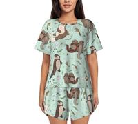 Otters Women'S Lounge Pajamas, Comfy Short Sleeve Sleepwear Sets With Button Down Top And Pocket, Black, M