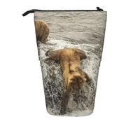 OTTKGGA Bear Catching Fish River Stand Up Telescopic Pencil Case Stationery Organizer with Zipper Portable School Office Student