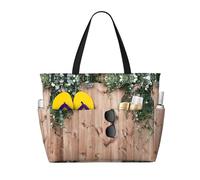 OTTKGGA Leaves Floral On Rustic Wood Large Capacity Beach Travel Bag Multi Pocket With Zip Tote Bag Waterproof Pool Vacation Gym