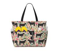 OTTKGGA Pink Flower Show Steer Cows Cattle Large Capacity Beach Travel Bag Multi Pocket With Zip Tote Bag Waterproof Pool Vacation Gym
