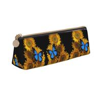 OTTKGGA Yellow Sunflowers with Blue Butterflies Leather Pencil Case Stationery Organizer Pouch with Zipper Student Middle School College Office