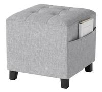 Ottoman Light Grey 35cm Square Linen-look Pouffe with Side Pocket, Button Tufted