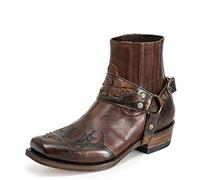 ottspu Cowboy Boots for Men Booties Ankle Cowboy Western Boots Stitched Embroidered Squared Toe Short Chunky Classic,Dark Brown,5 UK