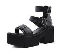 ottspu Gothic Women's Chunky Platform Heels Open Toe Ankle Strap Block Heel Sandals Party Summer Shoes,Black,6 UK