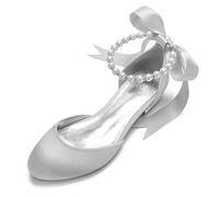 ottspu Women Satin Pearls Wedding Flats Shoes for Bride Round Toe Prom Evening Bridal Party Dress Flats,Sliver,4 UK