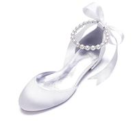 ottspu Women Satin Pearls Wedding Flats Shoes for Bride Round Toe Prom Evening Bridal Party Dress Flats,White,4 UK