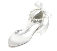 ottspu Women Satin Pearls Wedding Flats Shoes for Bride Round Toe Prom Evening Bridal Party Dress Flats,Ivory,4 UK