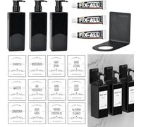 OTTYMO 3-Piece Soap Dispenser Set - 500ml Wall Mounted Dispenser for Shampoo and Conditioner - No Drilling Plastic Pump with 12 Labels and 3 Glues - Black