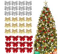 OTTYMO 36Pcs Christmas Ribbon Bows Ornaments Mini Xmas Tree Bowknot Decoration Hanging Craft Tiny Christmas Bows for Party Home Wreaths Presents Gift Wrapping Supplies (Red+Gold+Silver)