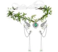 Otuuz 2 Pcs Mardi Gras Women Renaissance Elf Rhinestone Leaf Headband Crown and Elf Ear Cuff Without Ear Holes Set for Cosplay