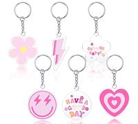 Otuuz 6 Pcs Preppy Smile Key Chain Acrylic Smile Face Keychain Happy Face Aesthetic Preppy Keychain for Backpack Cute Women's Keyrings and Keychains for Girls Purse Pink Accessories Charm, 6 Designs,
