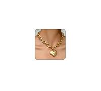Otxas Chunky Heart Necklace Gold Statement Necklace for Women Big Puffy Heart Necklaces Chunky Chain Jewelry, 15.74 inch, Metal, No Gemstone