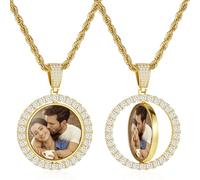 OTXIXTO Custom Picture Necklace Gold Angel Wings/Heart/Round Rotating Pendant Necklace Circle Chain Personalized Double Sided Photos Memorial Gift for Men Women (F2, 30'')