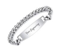 OTXIXTO Personalised Stainless Steel Mens Wrist Bracelets Silver Bracelet for Men Customize Engraving Text/Date Creative Birthday Gift for Dad Husband Boyfriend Silver Wheat Chain
