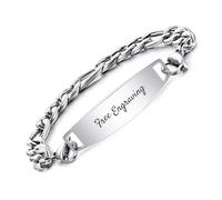 OTXIXTO Personalised Stainless Steel Mens Wrist Bracelets Silver Bracelet for Men Customize Engraving Text/Date Creative Birthday Gift for Dad Husband Boyfriend Silver Figaro Chain