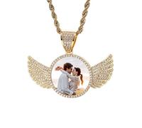 OTXIXTO Personalized Hip Hop Necklace for Men Women Custom Angel Wing Pendant Customized Memorial Necklace with Picture Inside/Text Personalized Photo Pendant Gifts for Boyfriend (A2, 22")