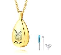 OTXIXTO Personalized Pet Ashes Necklaces Stainless Steel Teardrop Urn Pendant with Customized Pet Sketch Photo/Text Memorial Jewelry for Dog & Cat Cremation Keepsake for Ashes with Funnel Kit - A2