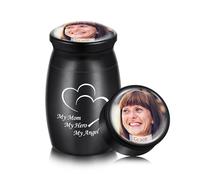OTXIXTO Personalized Photo Small Urns for Human Ashes Mini Urns for Ashes Custom Engraving Text Holder Aluminum Cremation Keepsake for Human Pet Dog Cat (Black-Optional Text)