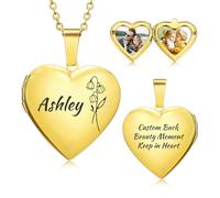 OTXIXTO Personalized Picture Heart Locket Necklace Custom Birth Flower Text Silver/Gold/Rosegold Photo Necklace Memorial Gifts for Women Mom Daughter - F2