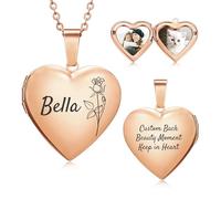 OTXIXTO Personalized Picture Heart Locket Necklace Custom Birth Flower Text Silver/Gold/Rosegold Photo Necklace Memorial Gifts for Women Mom Daughter - F3