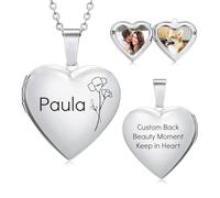 OTXIXTO Personalized Picture Heart Locket Necklace Custom Birth Flower Text Silver/Gold/Rosegold Photo Necklace Memorial Gifts for Women Mom Daughter - F1