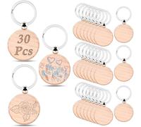 OTYMIOW 30PCS Round Wooden Keychain Blanks Unfinished Wood Keychain Blanks Key Ring Key Tag Wood Engraving Blank Wood Blanks Key Chain Bulk for DIY Crafts Gift Accessories (Round)