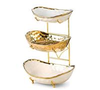 OUAYEMEL 2 Tier/ 3 Tier Fruit Bowl with Metal Stand, Ceramic Fruit Bowl for Home Party Kitchen Counter, Tiered Fruit Basket for Snacks Candy Bread Storage (Gold B, 3 Tier)