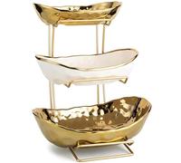 OUAYEMEL 3 Tier Fruit Bowl with Gold Metal Stand, Ceramic Fruit Bowl for Home Party Kitchen Counter, Tiered Fruit Basket for Snacks Candy Bread Storage (Gold（Textured）)