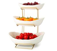 OUAYEMEL 3 Tier Fruit Bowl with Gold Metal Stand, Ceramic Fruit Bowl for Home Party Kitchen Counter, Tiered Fruit Basket for Snacks Candy Bread Storage (White)