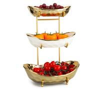 OUAYEMEL Ceramic Fruit Bowl with Metal Stand, 3 Tier Fruit Bowl for Home Party Kitchen Counter, Tiered Fruit Basket for Snacks Candy Bread Storage, White and Gold (Gold)