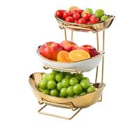 OUAYEMEL Tiered Fruit Bowl with Gold Metal Stand, Ceramic Fruit Bowl for Home Party Kitchen Counter, 3 Tier Fruit Basket for Snacks Candy Bread Storage