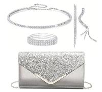 OUAYEMEL Women Glitter Envelope Clutch Bag Sequins Evening Wedding Handbag Purse Bridal Prom Party Shoulder Bags Elegant 4 piece Rhinestone Jewelry Set for Women Silver