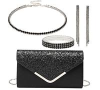 OUAYEMEL Women Glitter Envelope Clutch Bag Sequins Evening Wedding Handbag Purse Bridal Prom Party Shoulder Bags Elegant 4 piece Rhinestone Jewelry Set for Women Black